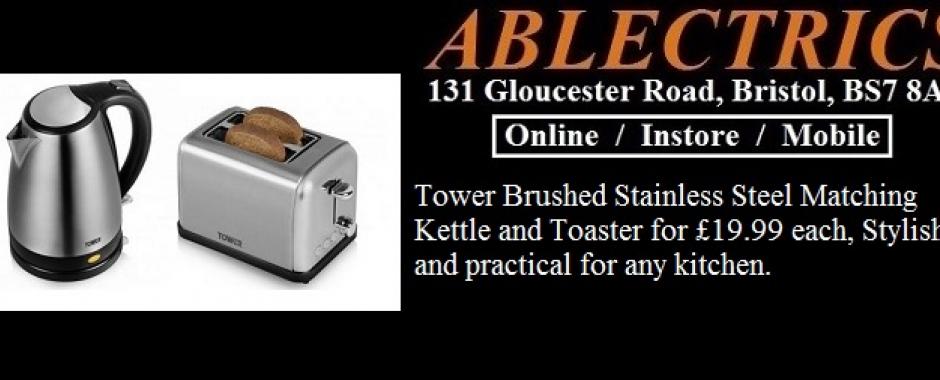 stainless steel kettle, stainless steel toaster, brushed stainless kettle, brushed stainless toaster, matching toaster and kettle, matching kettle and toaster, tower kettle, tower toaster, tower 2 slice toaster, 